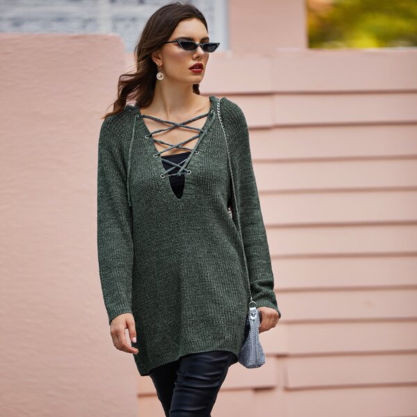 

Lace Up Front Raglan Sleeve Hooded Sweater, Grey