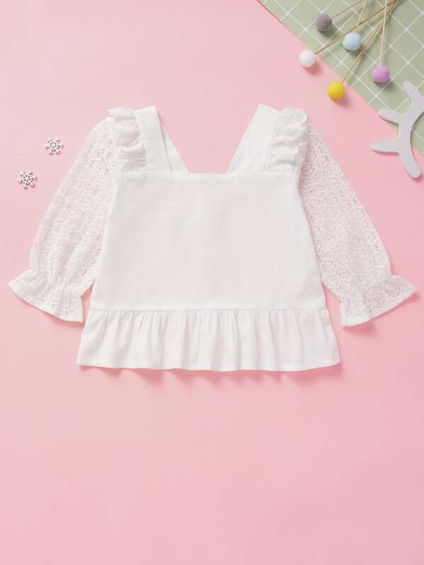 

Baby Girl Contrast Lace Sleeve Peplum Blouse, White