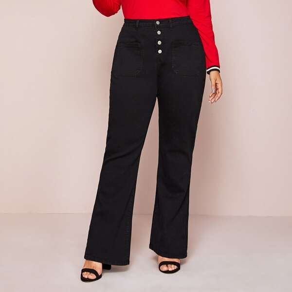 

Plus Button Up Pocket Patched Jeans, Black