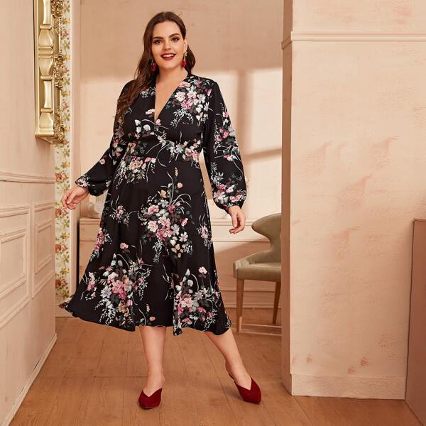 

Plus Floral Print Bishop Sleeve Plunge Neck Dress, Multicolor