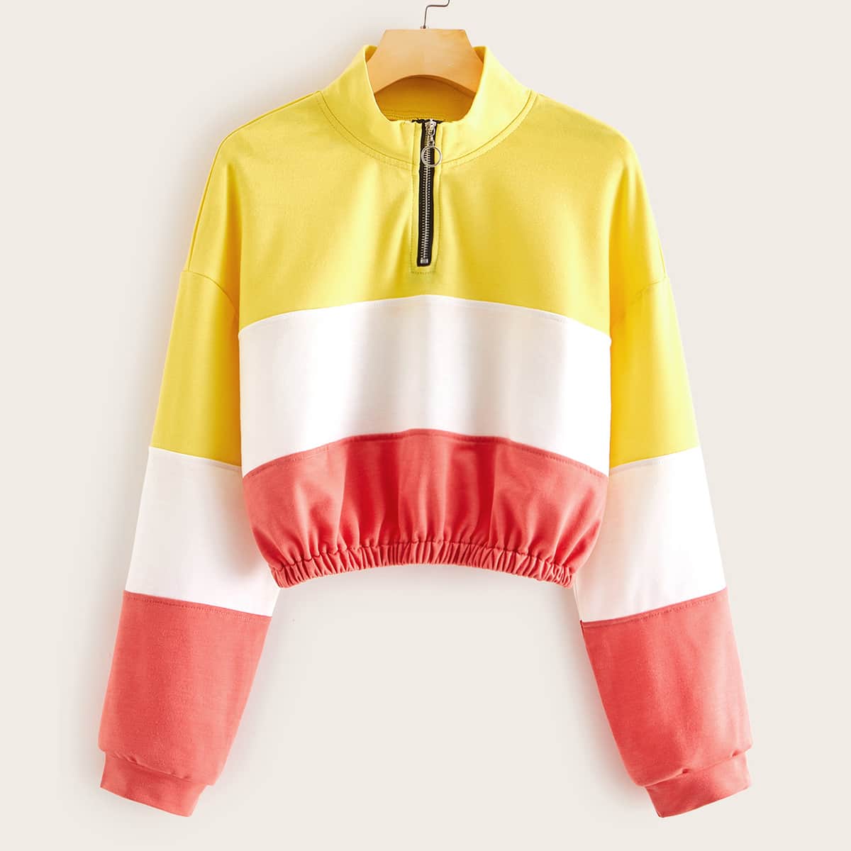 

Cut And Sew Half Placket Crop Sweatshirt, Multicolor