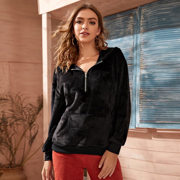

Fluffy Half Zipper Kangaroo Pocket Hoodie, Black