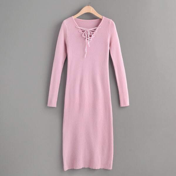 

Lace Up V-neck Midi Sweater Dress