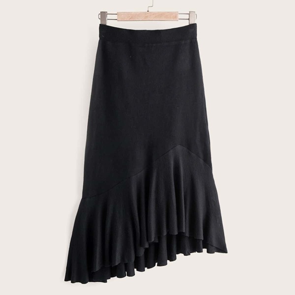 

Asymmetrical Ruffle Hem Sweater Skirt, Black