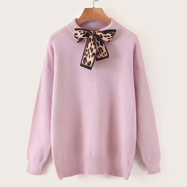 

Leopard Tie Neck Rib-knit Trim Sweater