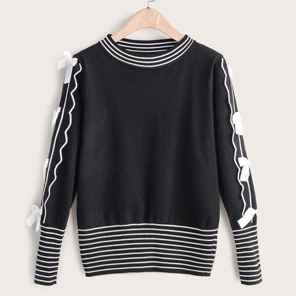

Side Bow Stripe Pattern Sweater, Black