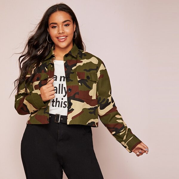 

Plus Camo Print Flap Pocket Denim Jacket, Multicolor