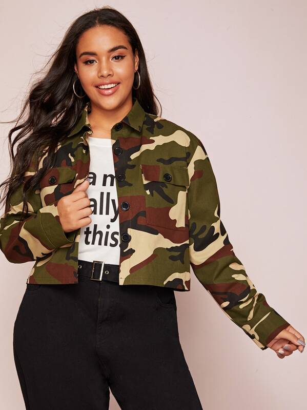 

Plus Camo Print Flap Pocket Denim Jacket, Multicolor, Emilie