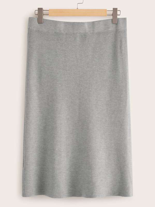 

Plus Solid Ribbed Knit Sweater Skirt, Grey
