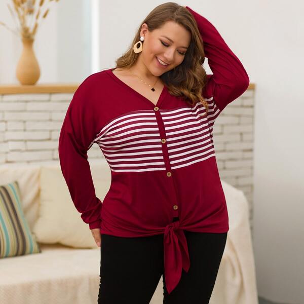 

Plus Striped Tie Front Tee, Burgundy