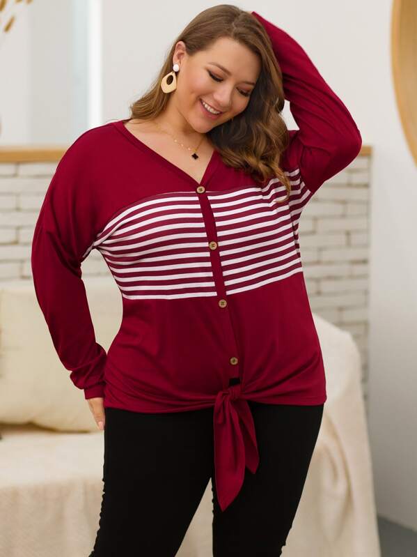 

Plus Striped Tie Front Tee, Burgundy