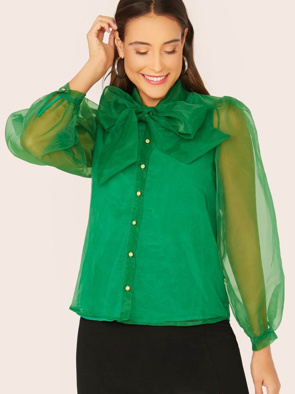 

Tie Neck Balloon Sleeve Organza Overlay Blouse, Green, Anna Herrin