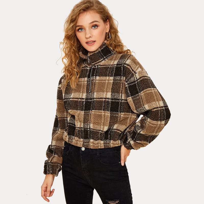 

Plaid Half Zip Teddy Sweatshirt, Multicolor