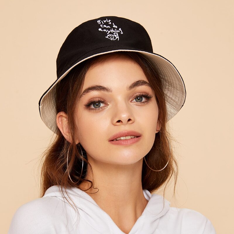 

1pc Cute Embroidered Double Sided Bucket Hat, Black and white