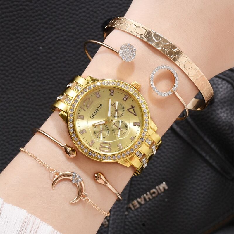 

5pcs Rhinestone Detail Round Dial Watch & Bracelet Set