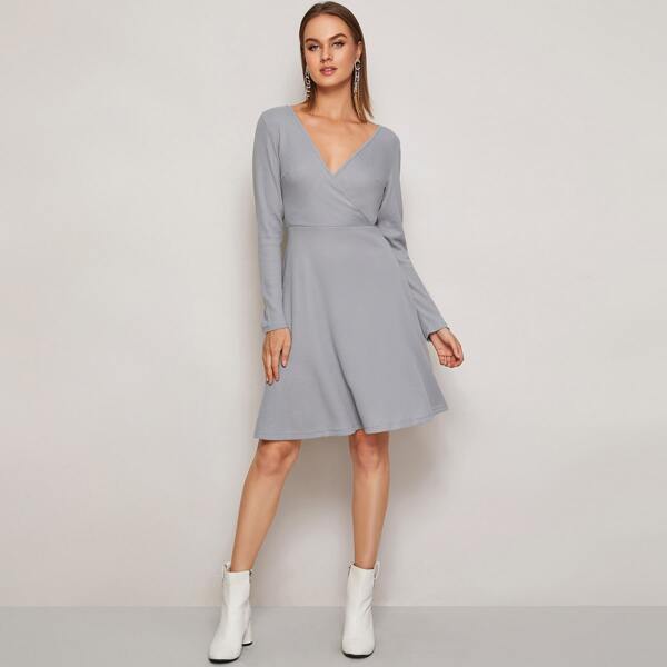 

Surplice V-neck High Waist Swing Sweater Dress, Grey