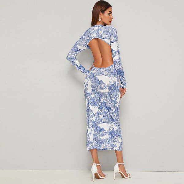 

Landscape Print Backless Bodycon Dress, Multicolor