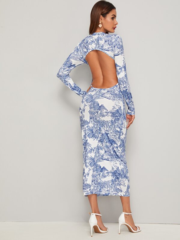 

Landscape Print Backless Bodycon Dress, Multicolor, Andy