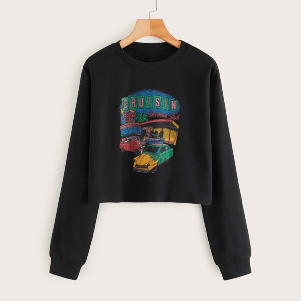 

Letter And Car Print Crop Sweatshirt, Black