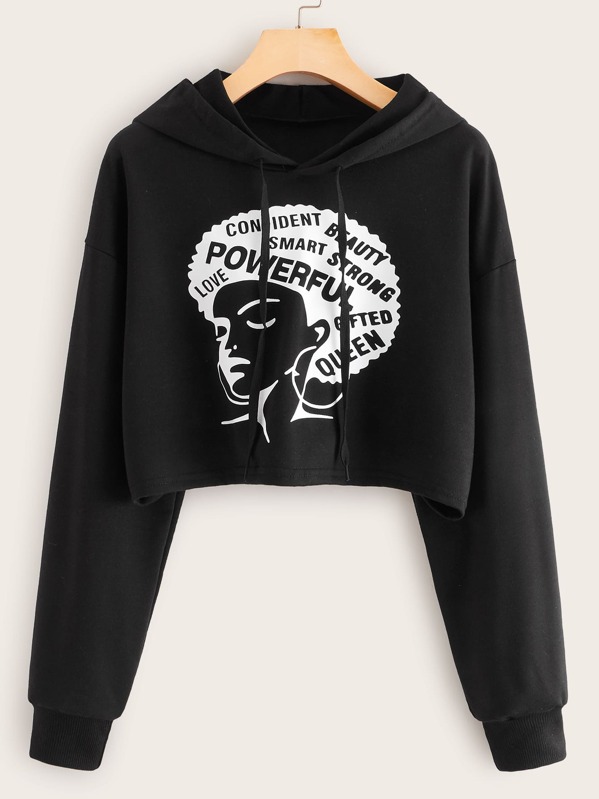 

Figure & Letter Graphic Drawstring Hooded Sweatshirt, Black