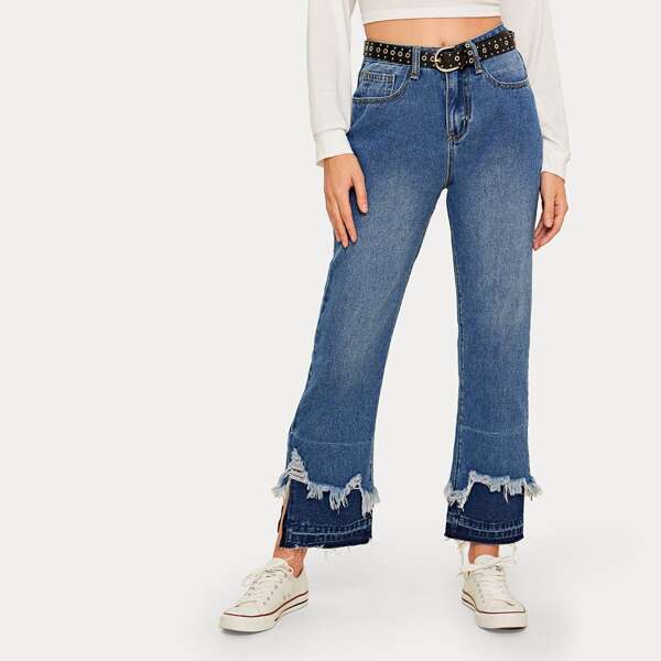 

Raw Hem Boot Cut Jeans Without Belted, Blue