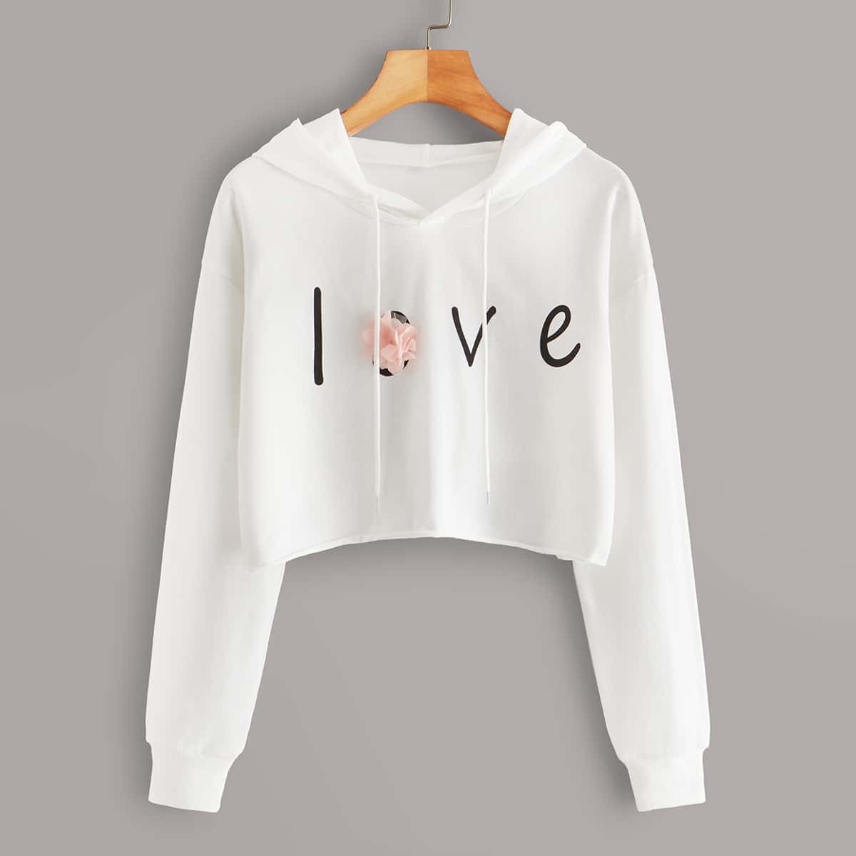 

Letter Graphic Stereo Flowers Drawstring Hoodie, White