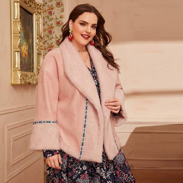 

Plus Open Front Tribal Tape Suede Coat, Pink