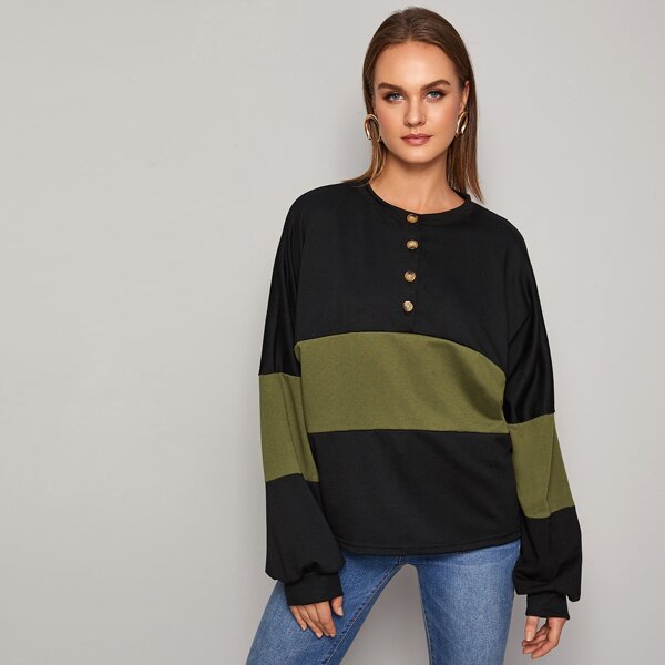 

Half Button Cut And Sew Sweatshirt, Multicolor