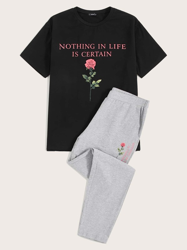 

Men Slogan Graphic Tee & Heather Grey Sweatpants PJ Set, Multicolor
