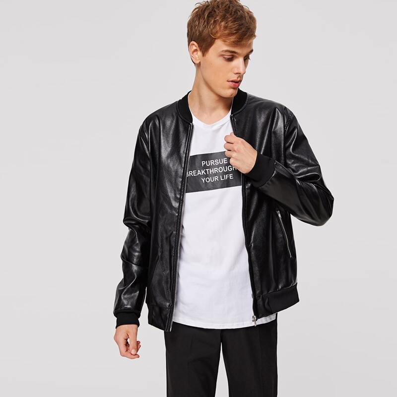 

Guys Zip Up PU Bomber Jacket, Black