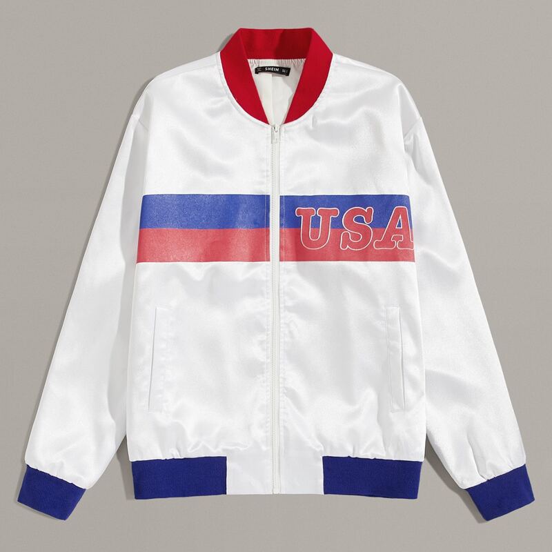 

Guys Letter & Striped Print Satin Bomber Jacket, White