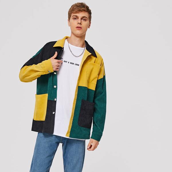 

Men Colorblock Patch Pocket Corduroy Jacket, Multicolor