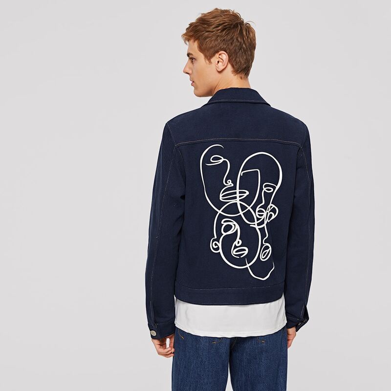 

Guys Single Breasted Figure Print Trucker Jacket, Navy