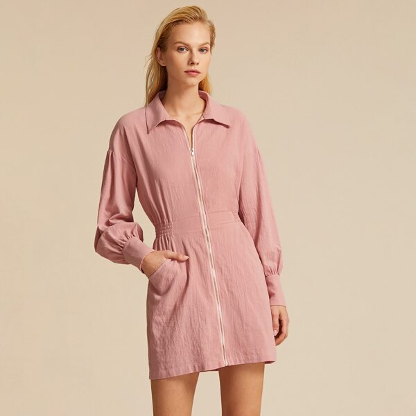 

Premium Zip Up Shirred Waist Dress, Pink pastel