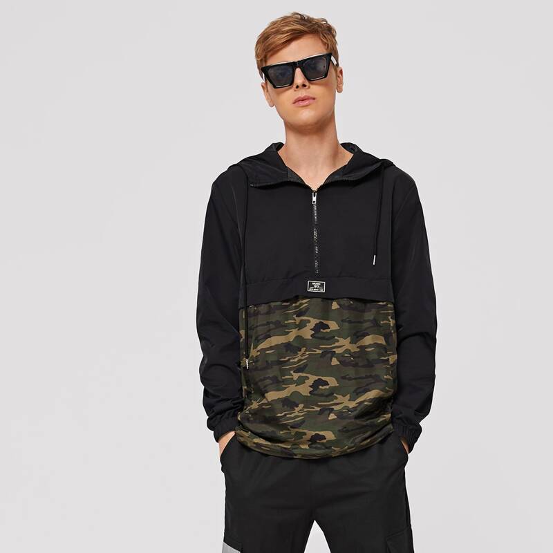 

Guys Camo Print Patched Anorak Jacket, Black