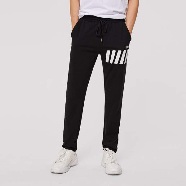 

Men Drawstring Waist Striped Joggers, Black