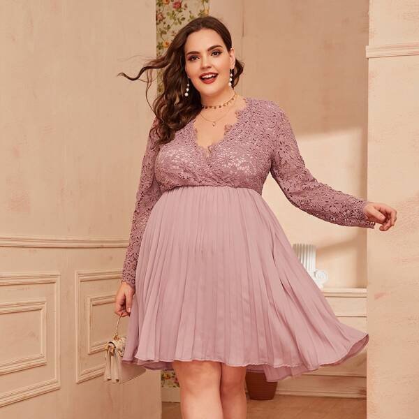 

Plus Surplice Neck Lace Bodice Pleated Dress, Pink pastel