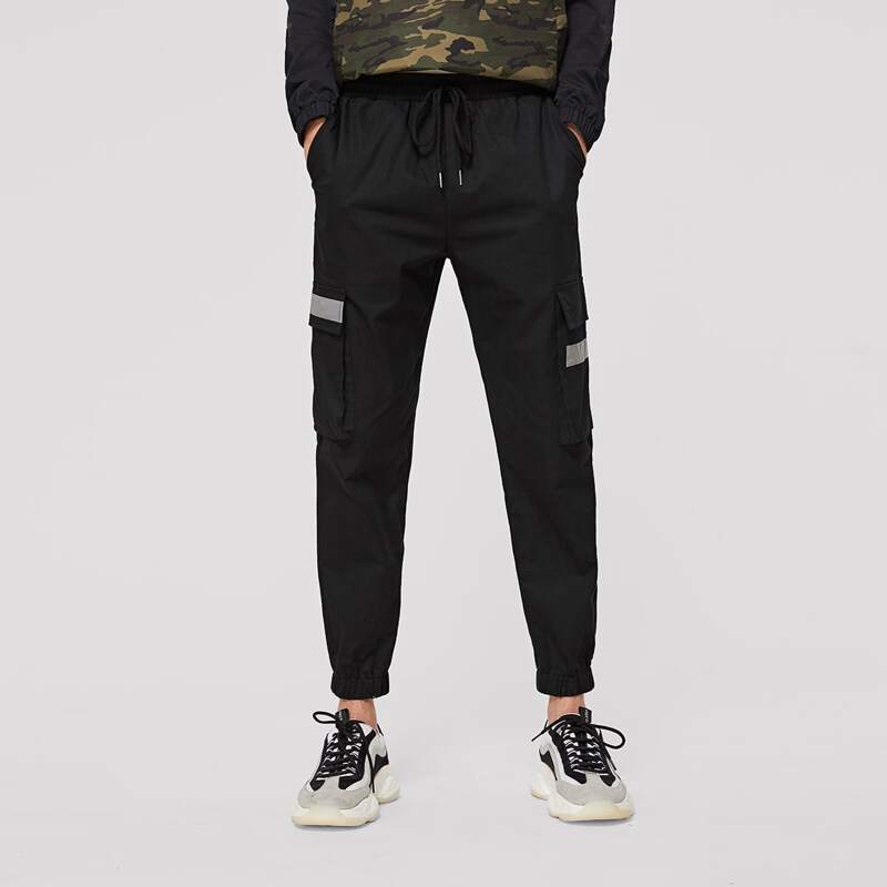 

Guys Drawstring Waist Flap Pocket Side Pants, Black