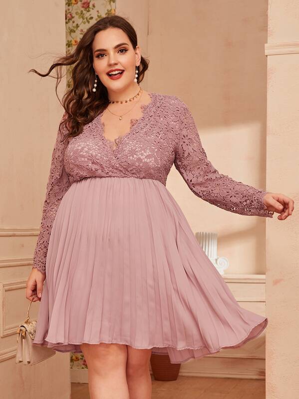 

Plus Surplice Neck Lace Bodice Pleated Dress, Pink, Ella