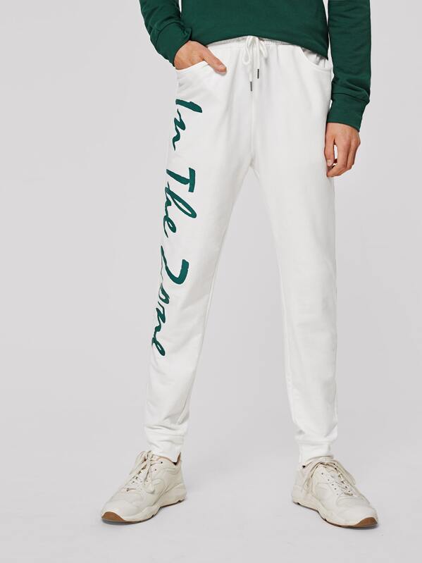 

Men Slogan Graphic Pocket Detail Sweatpants, White, Aaron