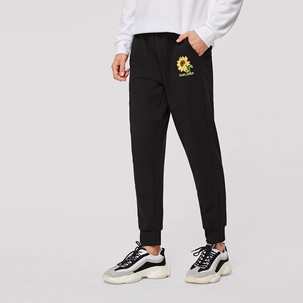 

Men Floral & Letter Graphic Joggers, Black