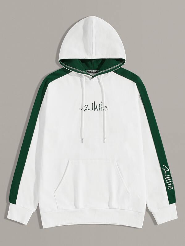 Men Contrast Side Seam Embroidered Hoodie, White