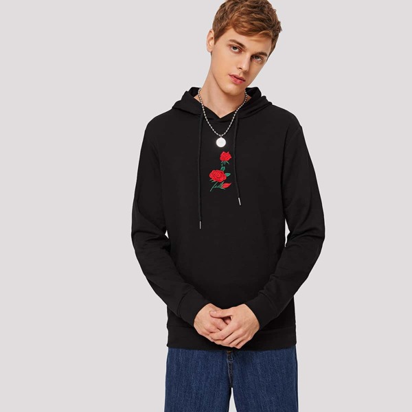 

Men Embroidered Rose Drawstring Hoodie, Black