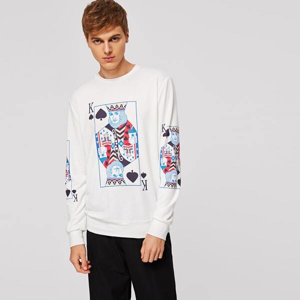 

Men Poker Card Print Sweatshirt, White