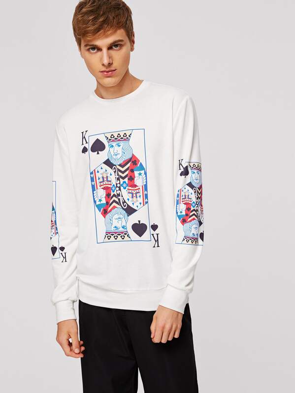

Men Poker Card Print Sweatshirt, White, Aaron
