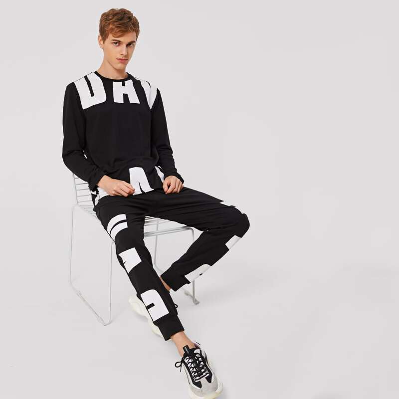 

Guys Letter Graphic Pullover & Sweatpants Set, Black