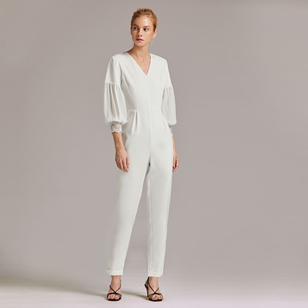 

Premium Lantern Sleeve Lace Cuff Solid Jumpsuit, White