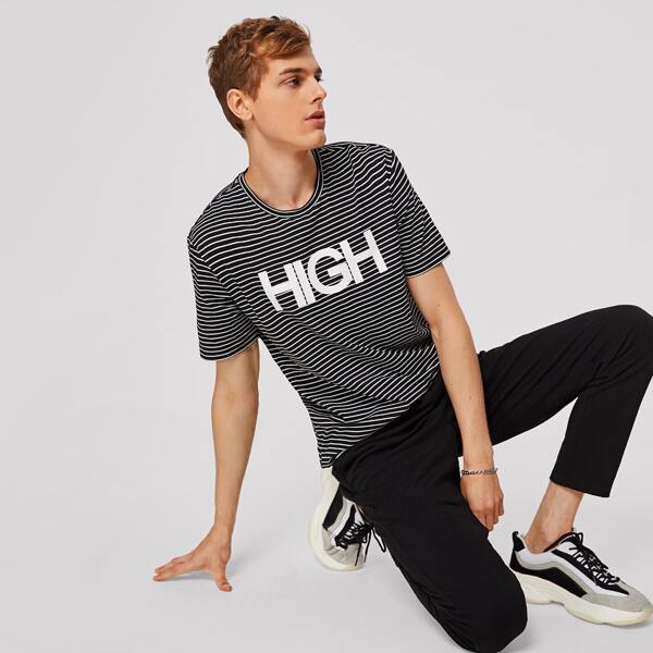 

Men Striped Short Sleeve Tee & Sweatpants Set, Black