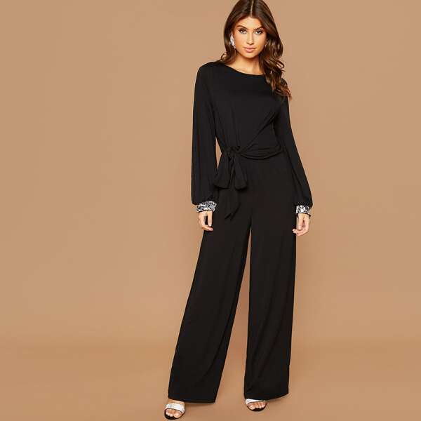 

Tie Front Sequin Cuff Palazzo Jumpsuit, Black