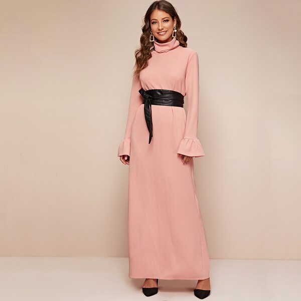 

Funnel Neck Bell Sleeve Maxi Dress With PU Belt, Pink pastel